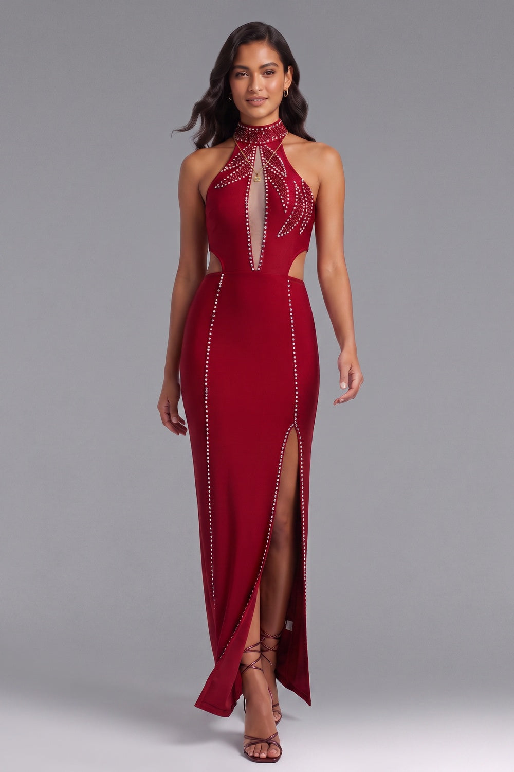 5a9b5097a5a320d7 DARK RED COLUMN GOWN, SIDE CUTOUTS, EVENING