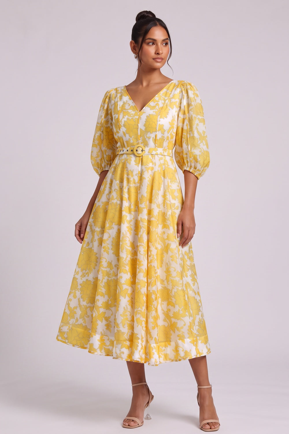 5aa13d340b4f6fe7 YELLOW FLORAL BELTED MIDI DRESS FOR WEDDING GUEST