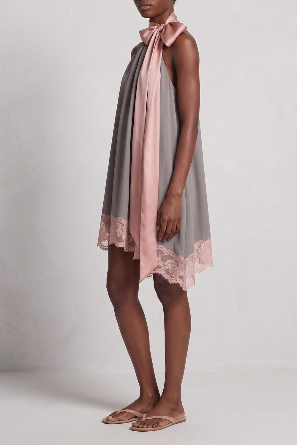 HALTER SATIN BOW LACE HEM SHIFT DRESS