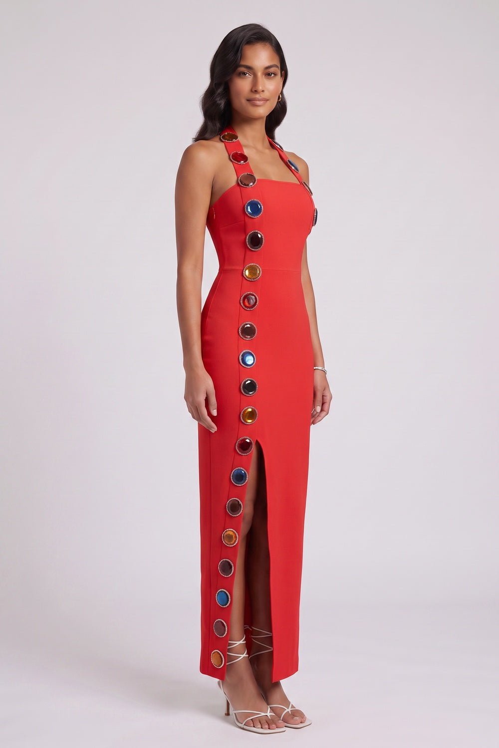 RED HEAVY CREPE COLUMN DRESS FOR EVENTS