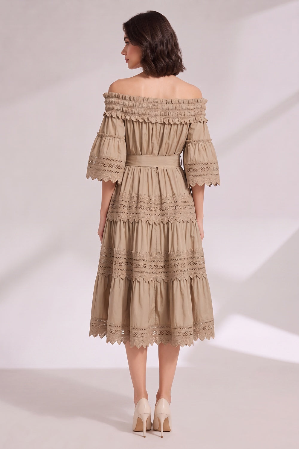 BEIGE OFF-SHOULDER TIERED MIDI DRESS LACE