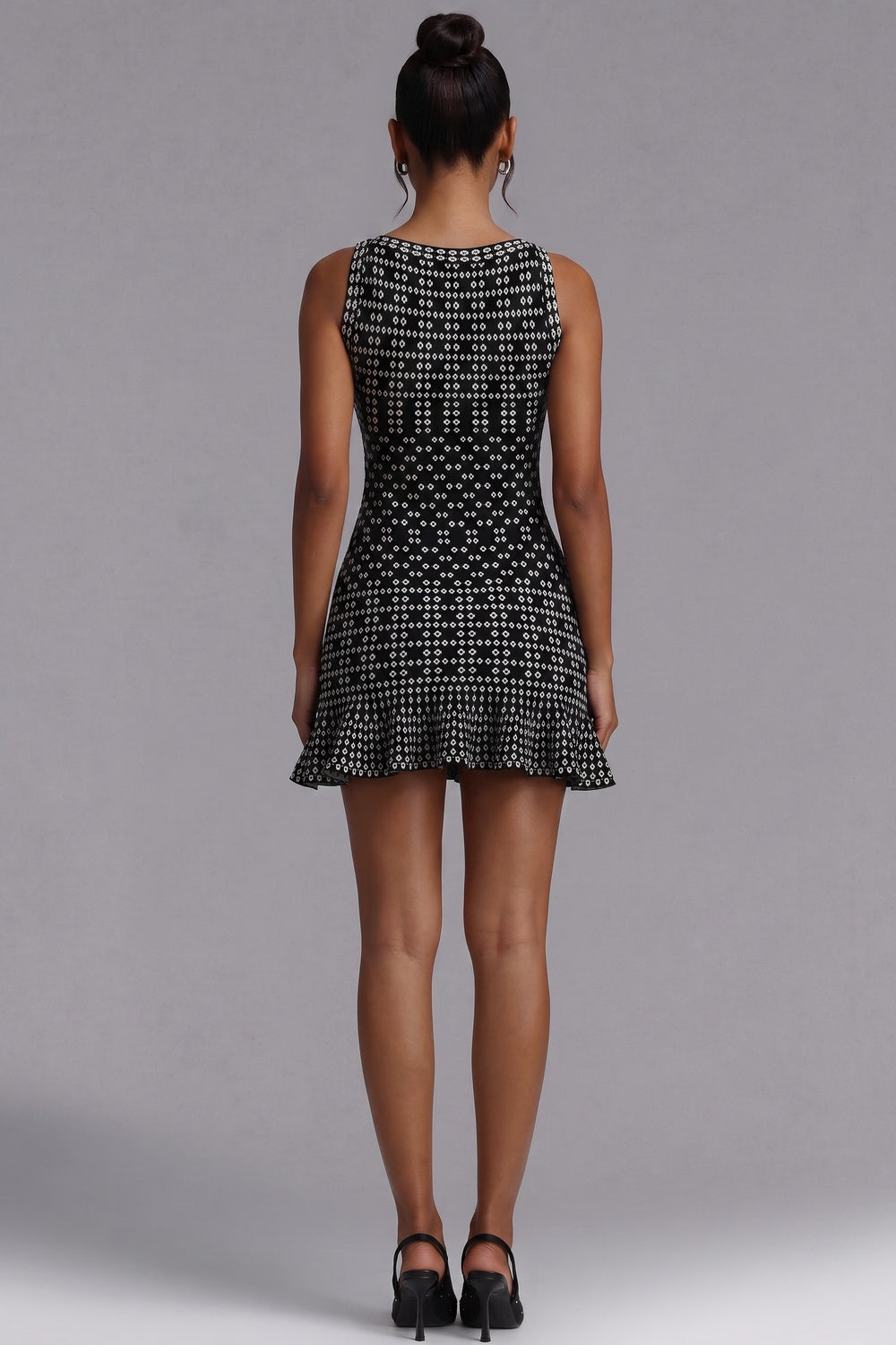 5c761fc99b99d711 BLACK JACQUARD KNIT FIT-AND-FLARE COCKTAIL DRESS