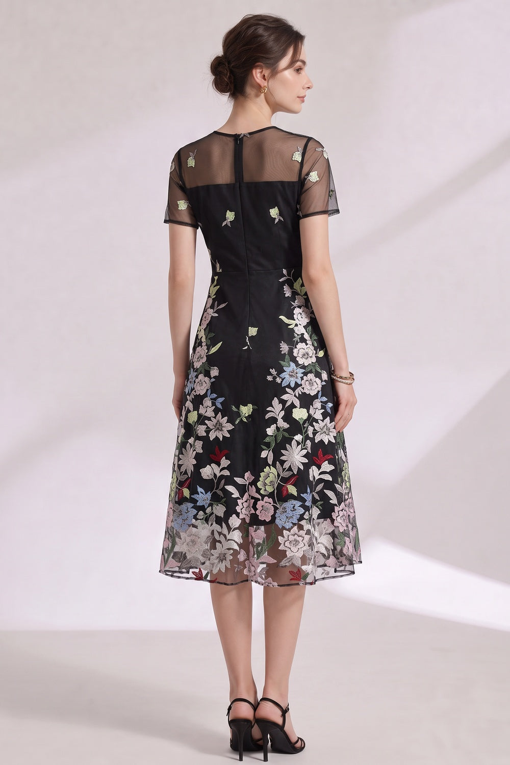 5ceef4e0a84163b2 BLACK FLORAL EMBROIDERY A-LINE MIDI DRESS SHEER OVERLAY