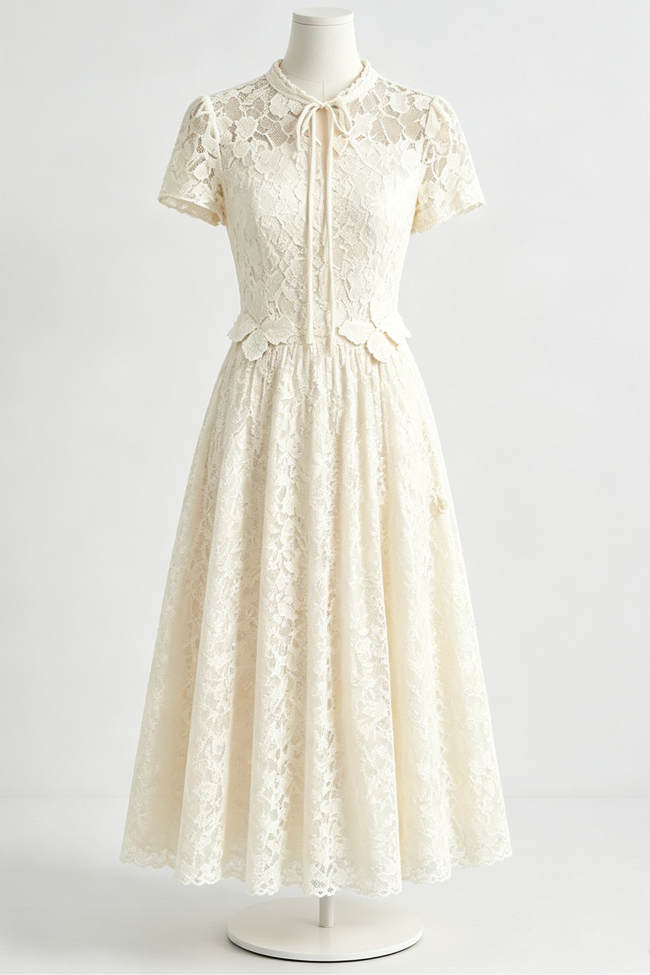 5d20854426e5a550dcba2adecf7b5e27 CREAM LACE TIE-NECK A-LINE MIDI DRESS