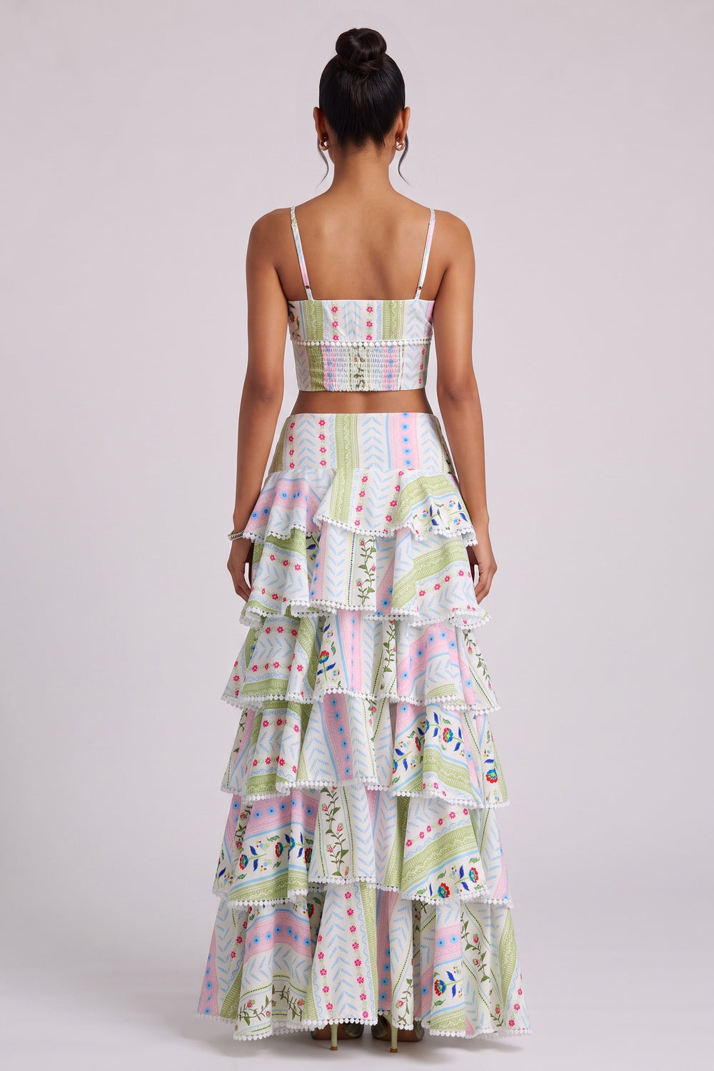 5d356c04dc654d06 TWO-PIECE SET | TIERED MAXI SKIRT | POM-POM TRIM