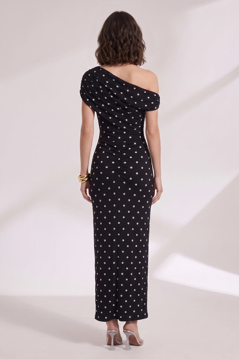 5d991b0ce1f4418b BLACK POLKA DOT ONE-SHOULDER MAXI DRESS