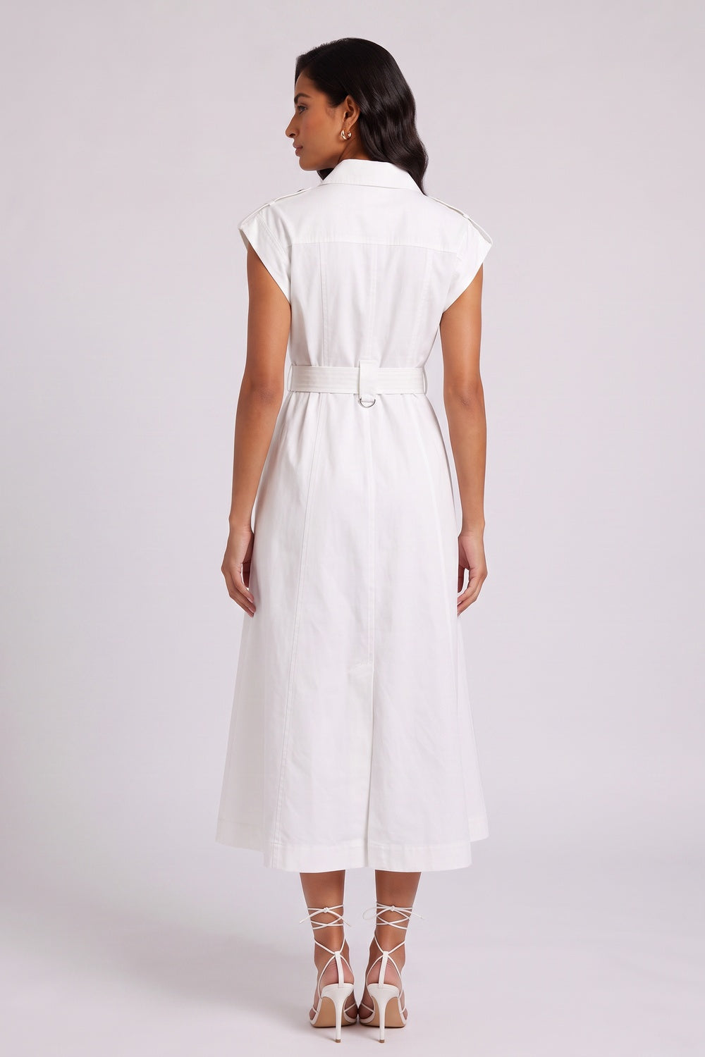 WHITE CAP SLEEVE BELTED CARGO MIDI SHIRT DRESS