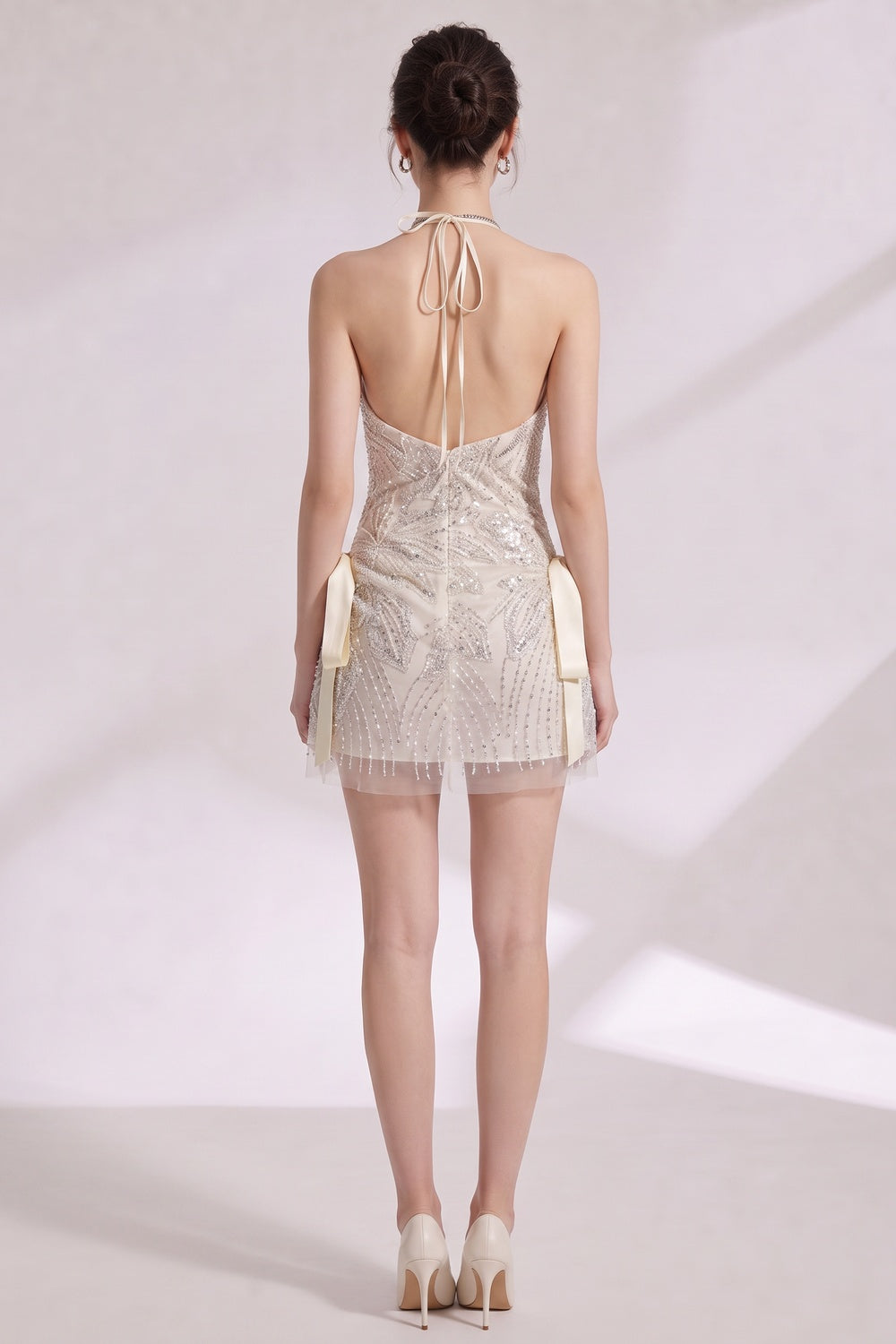5dd1442b17666783 IVORY BEADED SHEER A-LINE COCKTAIL MINI DRESS