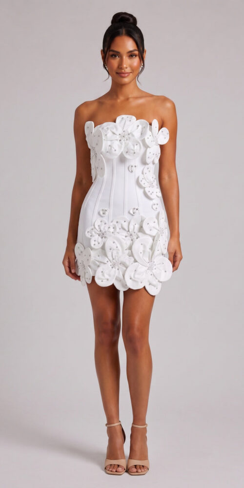 5de674a27b38b0ee WHITE 3D FLORAL BODYCON MINI DRESS FOR COCKTAIL PARTY