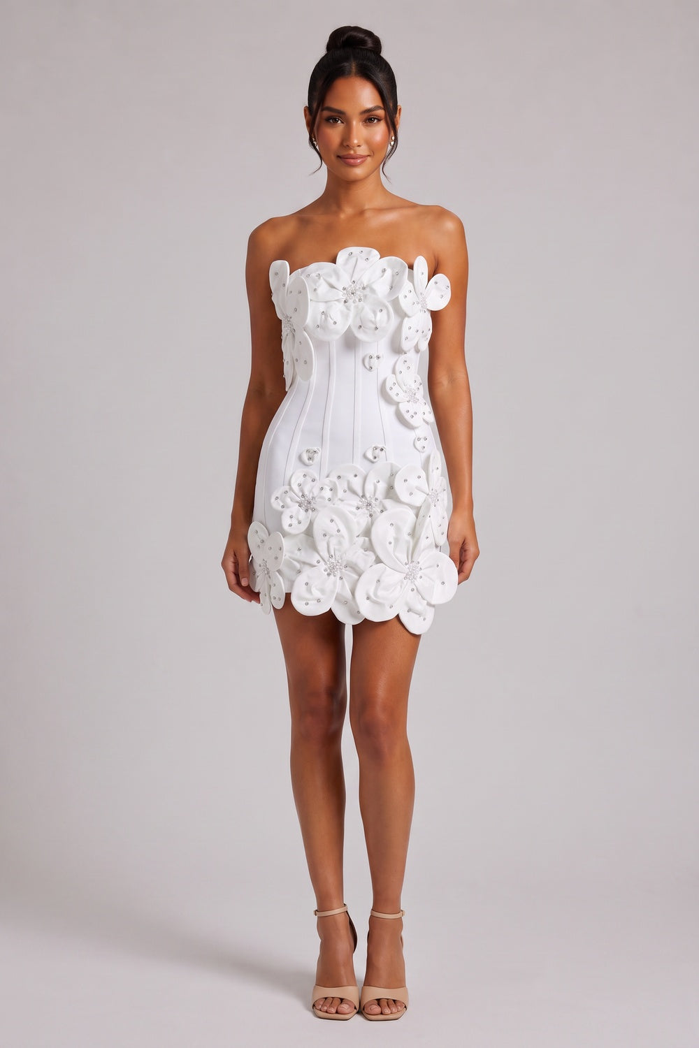 5de674a27b38b0ee WHITE 3D FLORAL BODYCON MINI DRESS FOR COCKTAIL PARTY