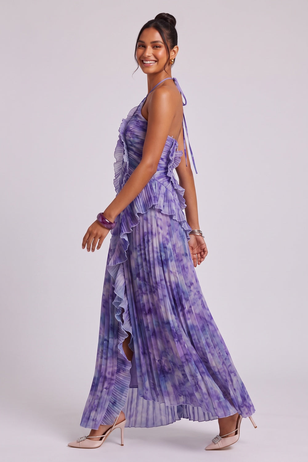 5e3a39f72a0ee8fe PURPLE TIE-DYE PLEATED CHIFFON A-LINE MAXI DRESS