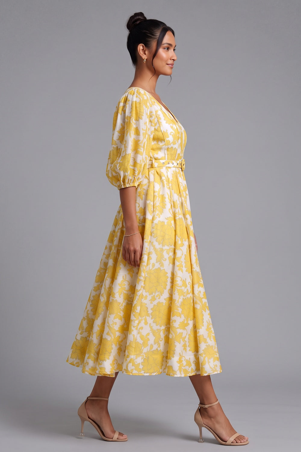 5e6725aaad9d6853 YELLOW FLORAL BELTED MIDI DRESS FOR WEDDING GUEST