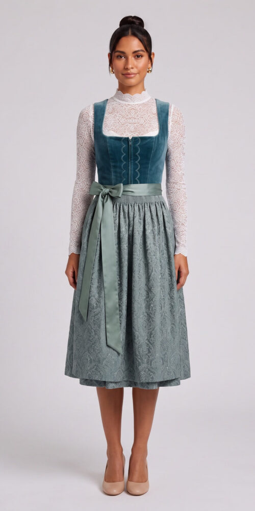 5e6f93de945b5426 TEAL VELVET DIRNDL DRESS, FITTED BODICE A-LINE SKIRT, TRADITIONAL