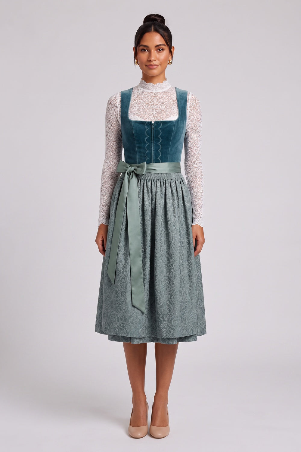 TEAL VELVET DIRNDL DRESS, FITTED BODICE A-LINE SKIRT, TRADITIONAL