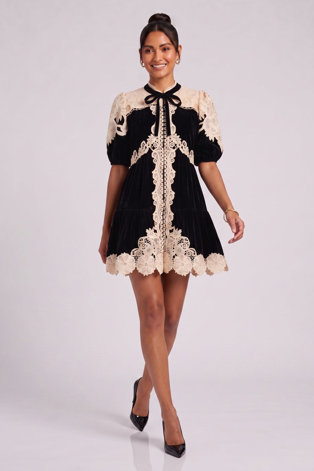 BLACK VELVET BABYDOLL A-LINE DRESS WITH LACE OVERLAY