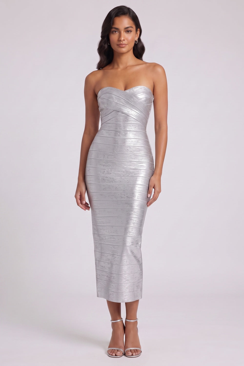 5ed4ab02eca181b0 SILVER METALLIC BODYCON BANDAGE DRESS FOR NIGHT OUT