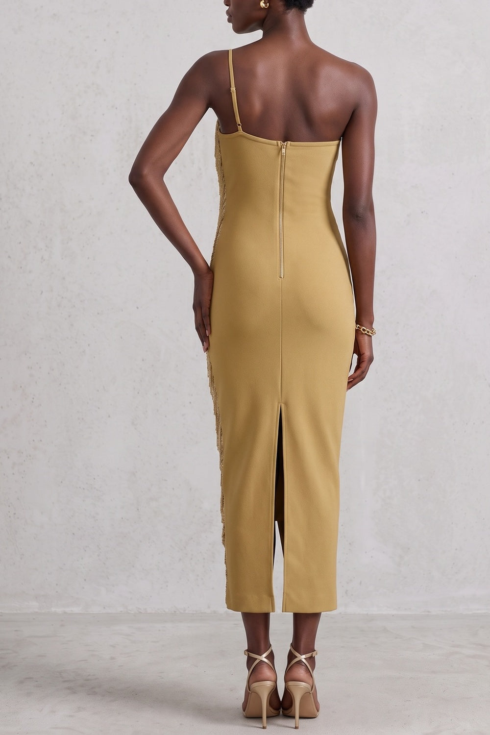 5ed4f7b1a53534c0 ONE SHOULDER METALLIC RUCHED MIDI DRESS