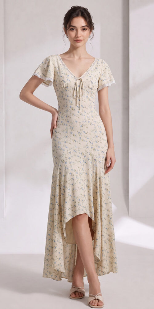 5edbb14da6f3c4ec CREAM DITSY FLORAL MAXI DRESS FITTED BODICE FLARED SKIRT