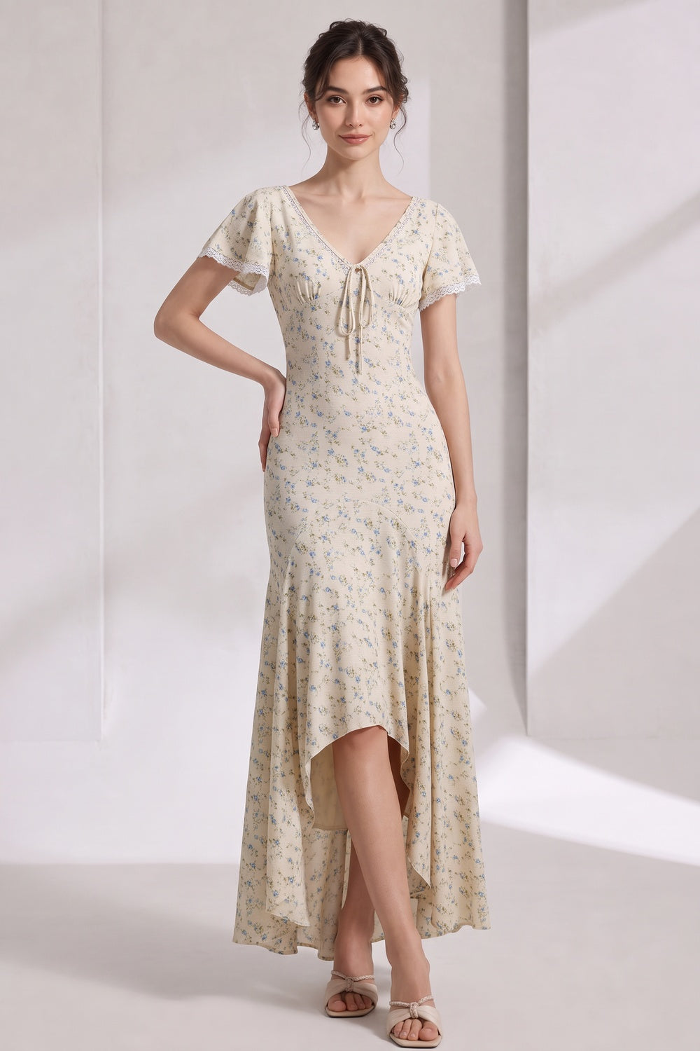 CREAM DITSY FLORAL MAXI DRESS FITTED BODICE FLARED SKIRT