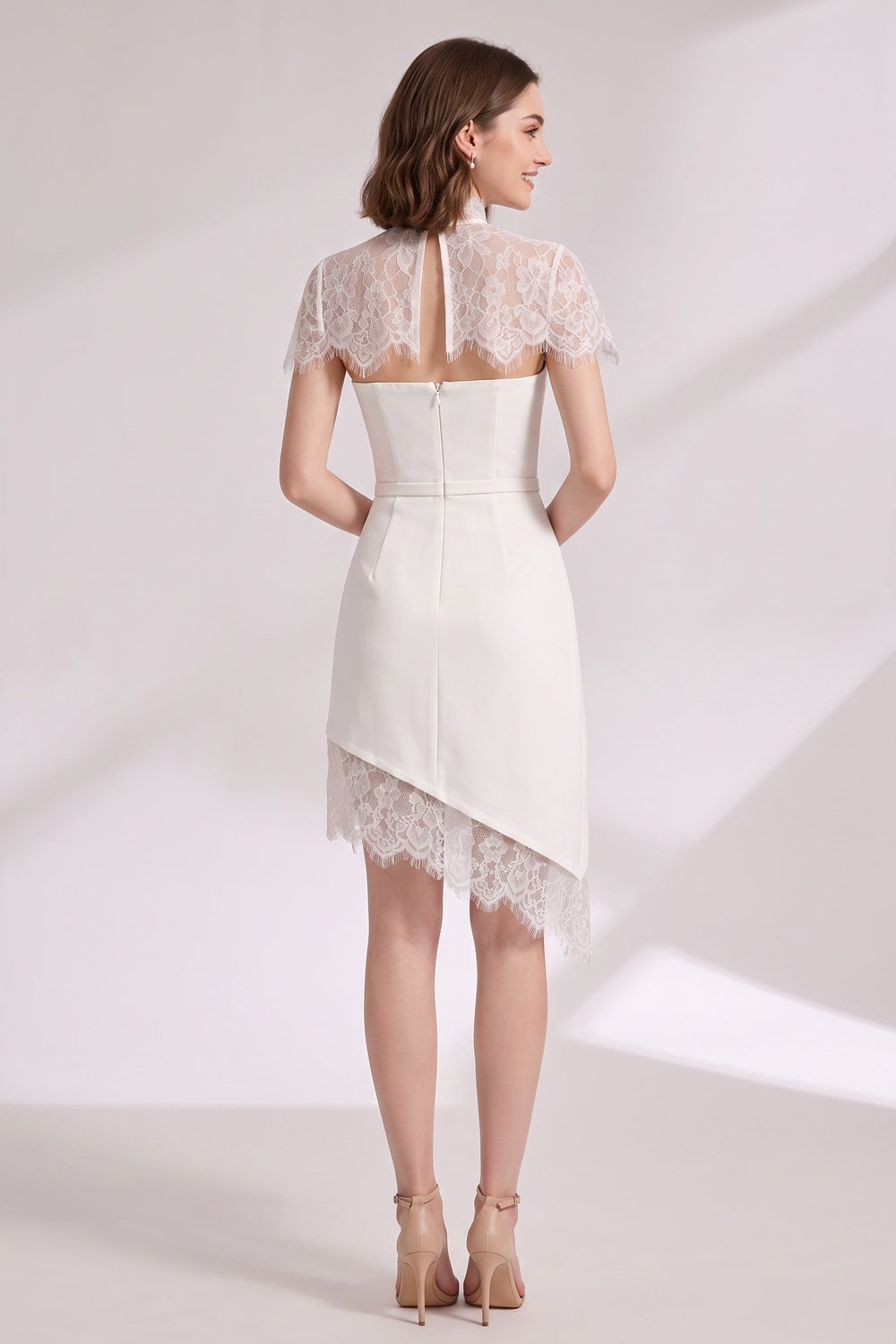 5f0bad368e54b7b8 WHITE FITTED SHEATH DRESS LACE OVERLAY STRUCTURED CREPE
