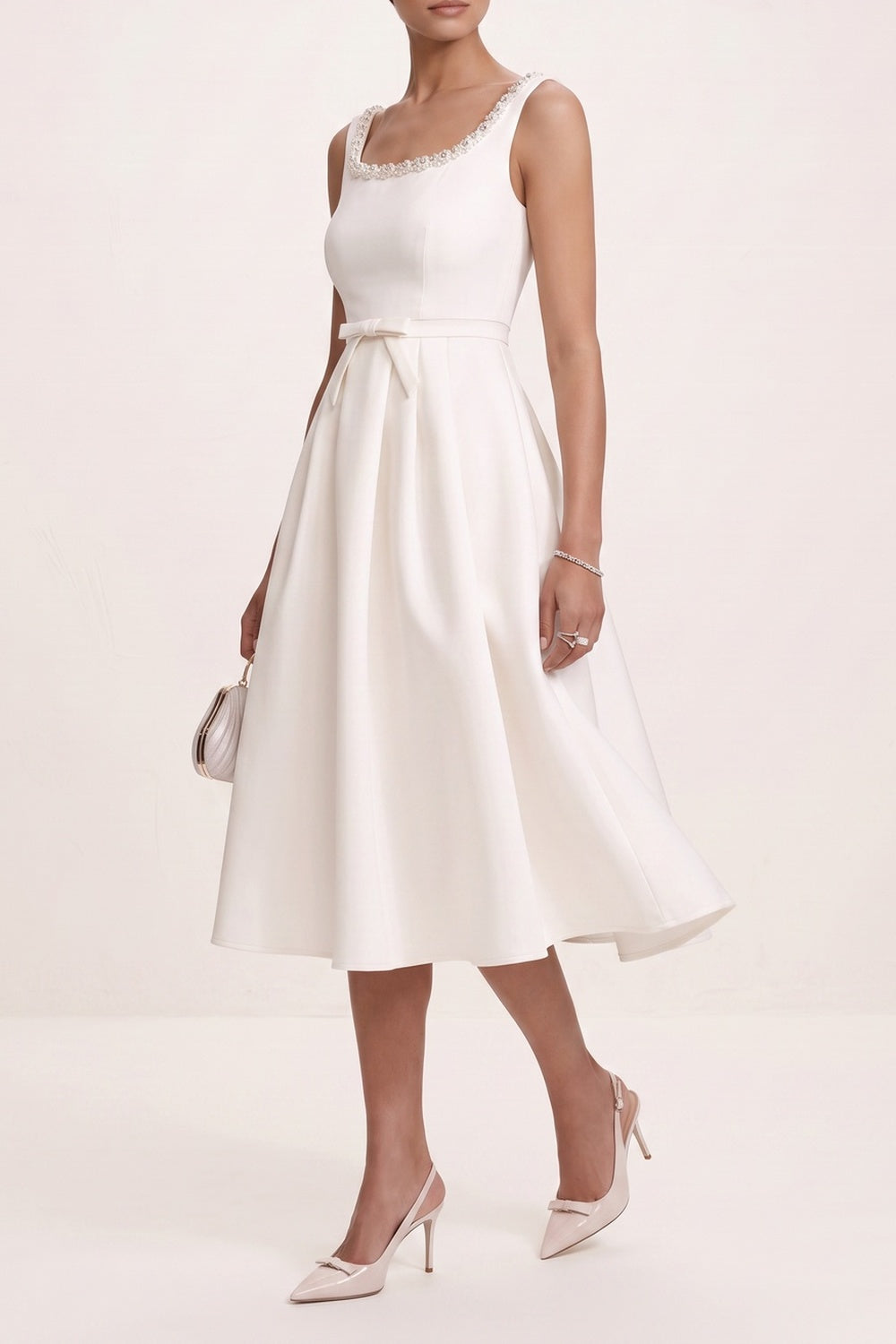 5f28ce0adb9858b1 CRYSTAL SQUARE NECK BOW WAIST A-LINE MIDI DRESS