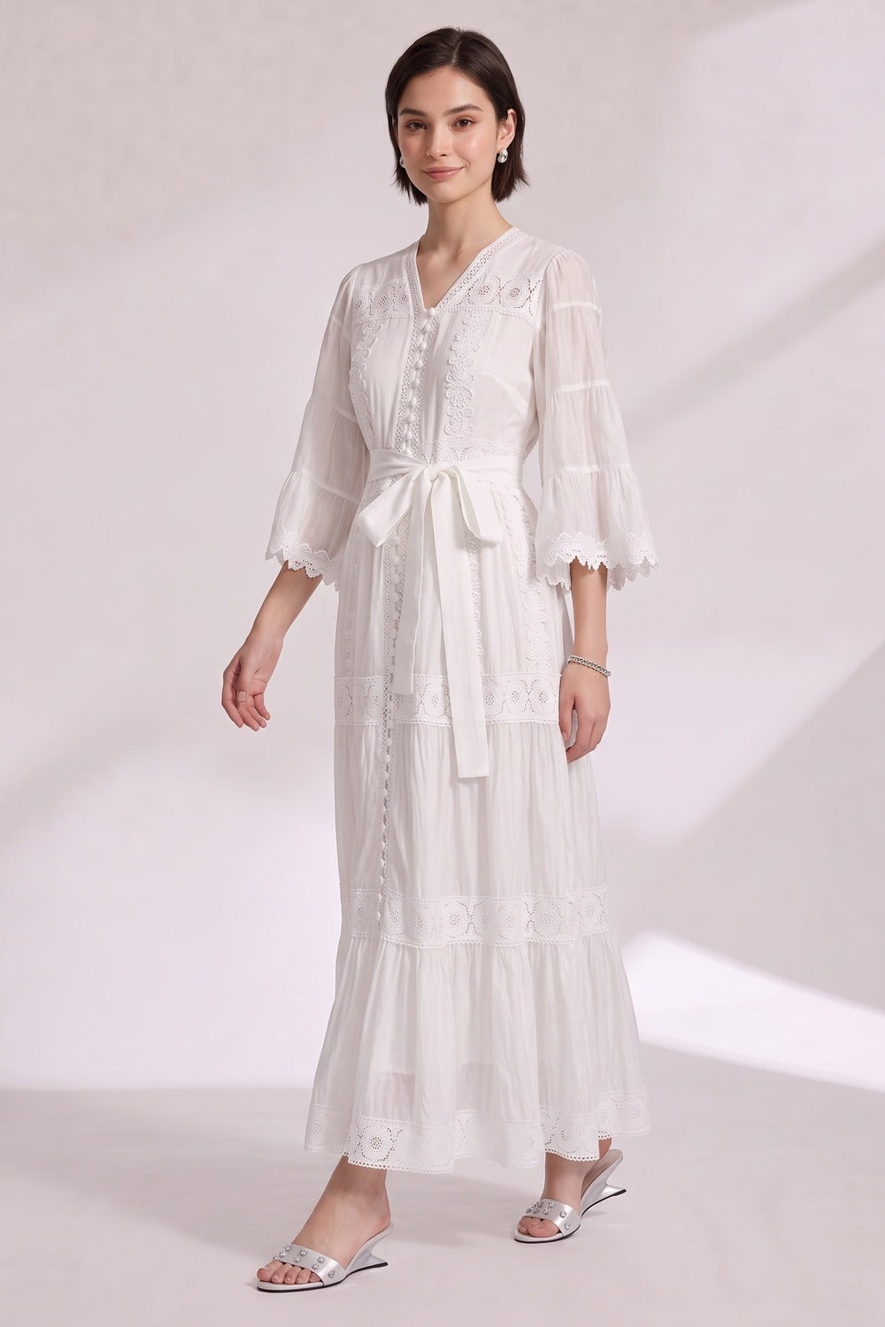 5f2c3569ca93ae9d WHITE LACE TIERED A-LINE MAXI DRESS