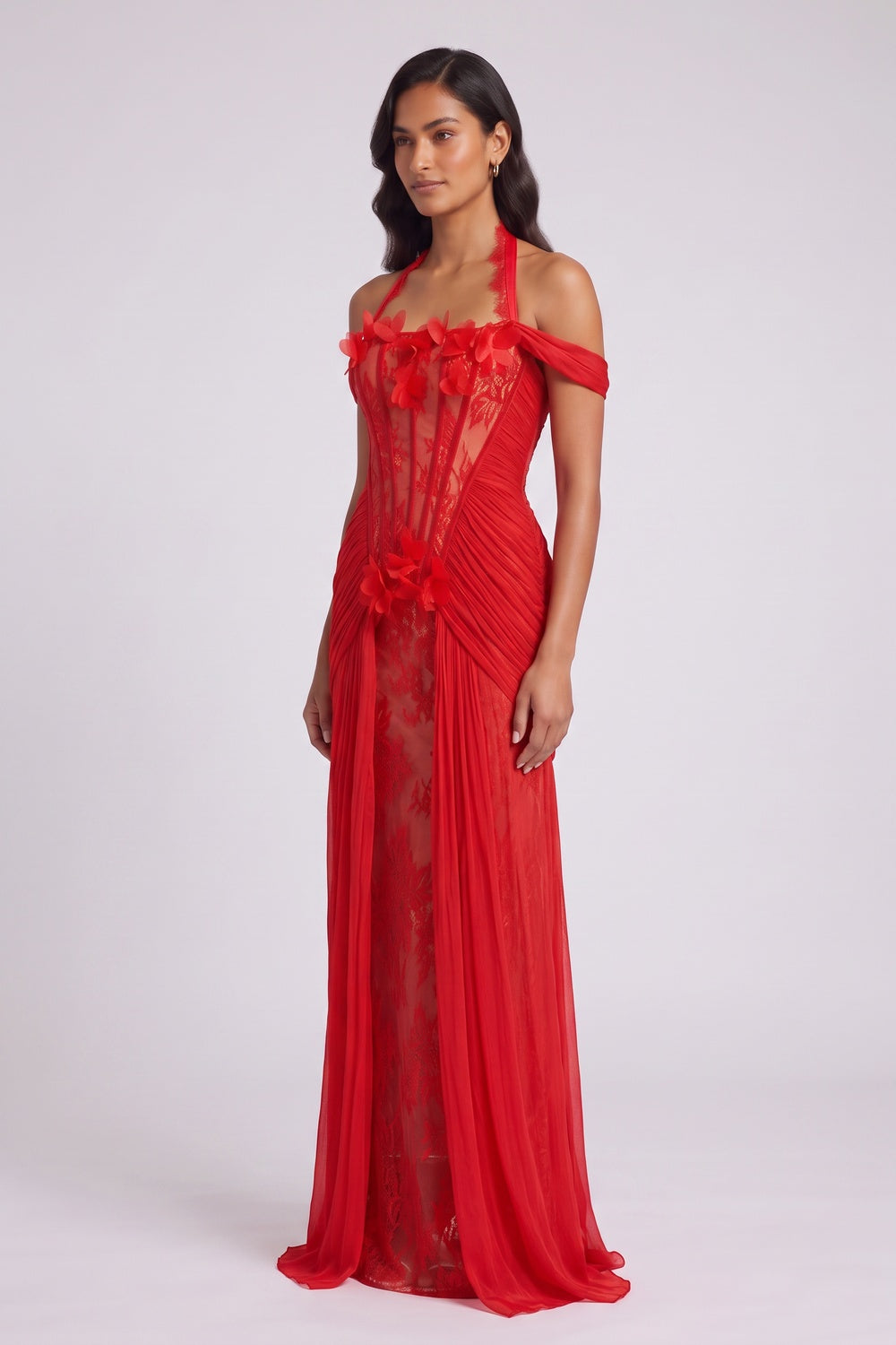 5f3faae728aad294 RED FLORAL HALTER GOWN, FLOOR-LENGTH FORMAL