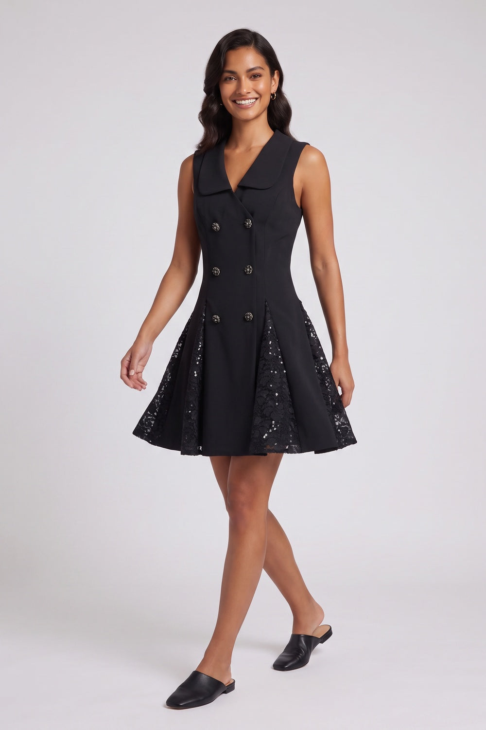 5f4c3600d2972451 BLACK STRUCTURED CREPE A-LINE FIT-AND-FLARE DRESS