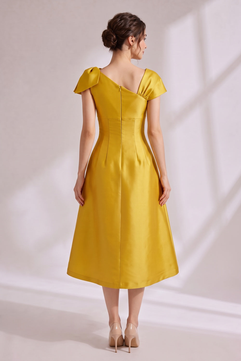 5faa58f3a95c1c2a YELLOW ASYMMETRICAL BOW SATIN MIDI PARTY DRESS