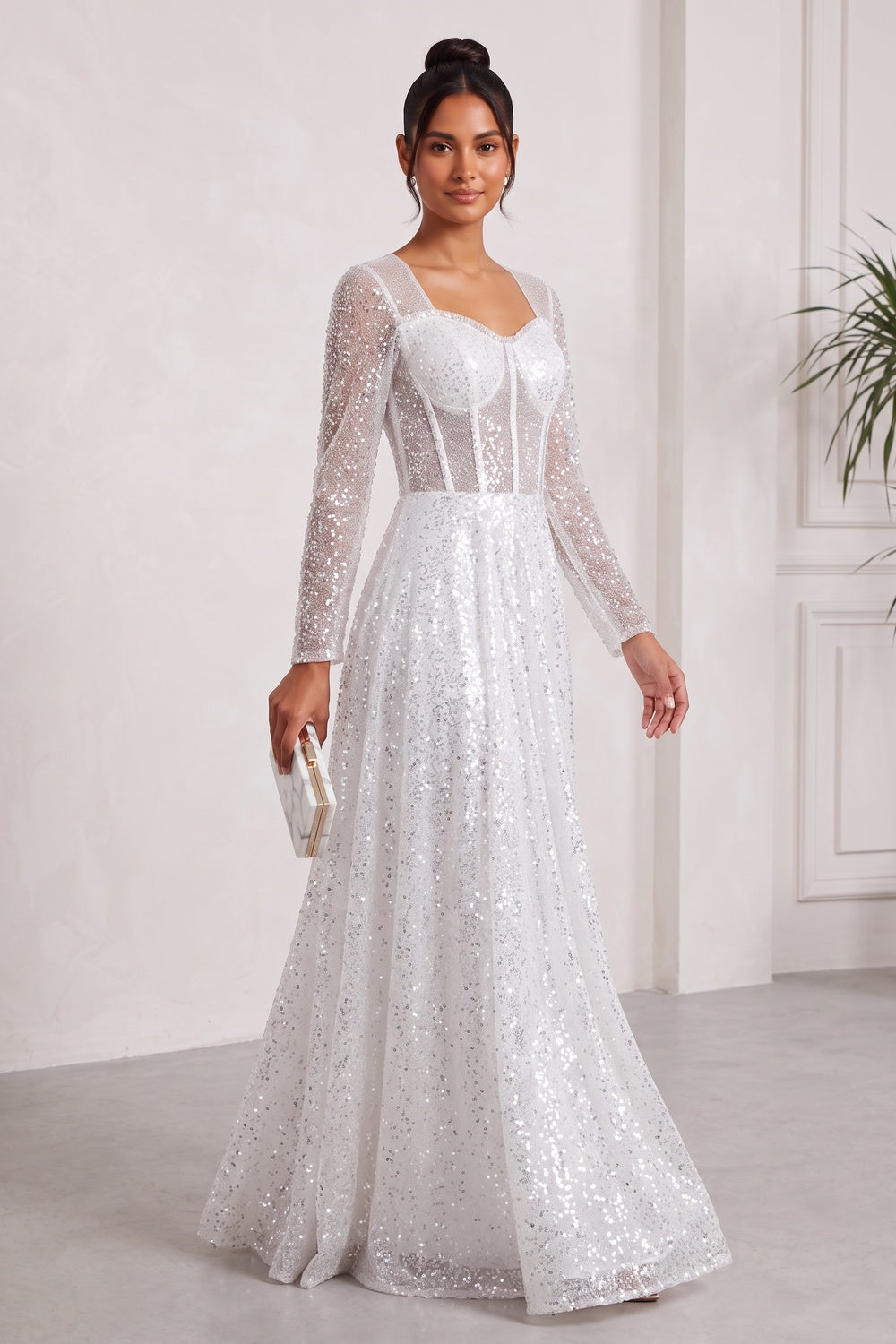 WHITE SEQUIN TULLE A-LINE PROM GOWN