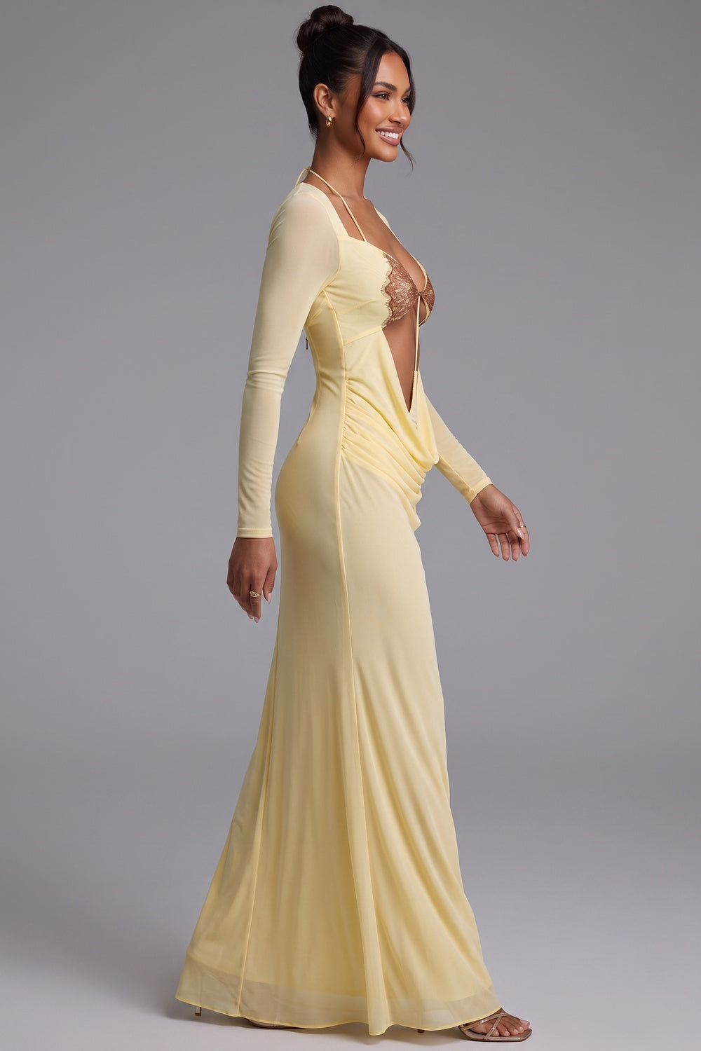 608e92fe088127b4 PALE YELLOW CUTOUT MAXI DRESS LONG SLEEVE