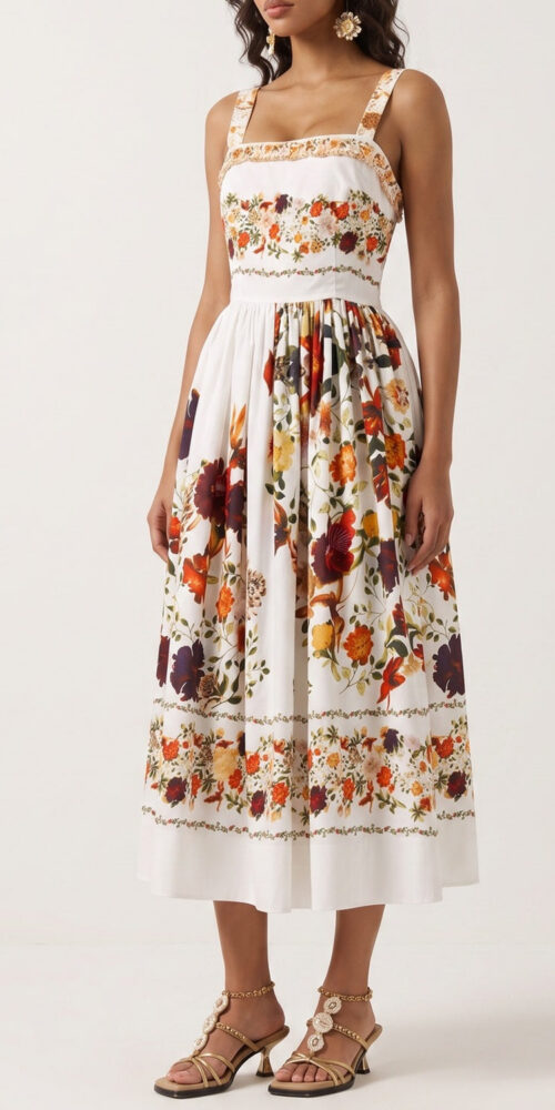 608ff16c0e521f6d FLORAL MIDI DRESS, WIDE STRAP, SUMMER WEDDING GUEST