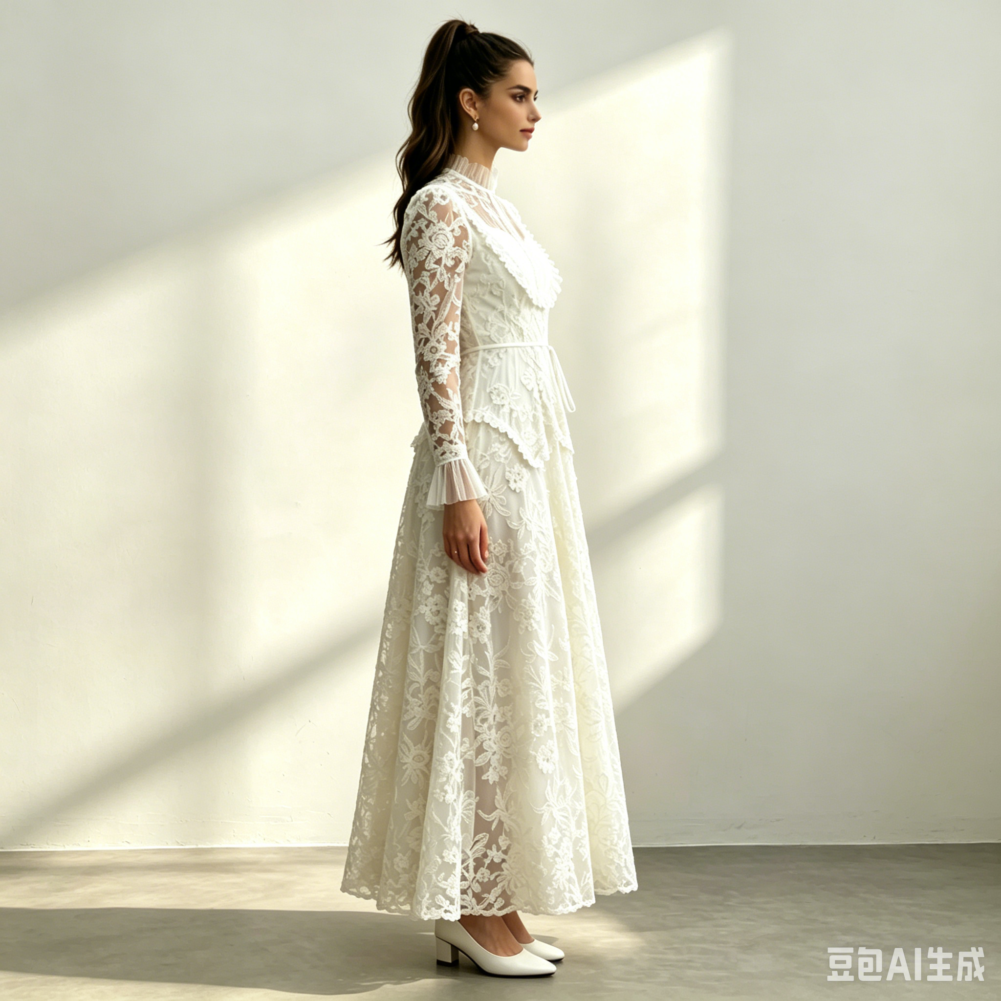 60_1ee47c41-4390-4e86-b7f8-1e53141df405 CREAM LACE RUFFLE HIGH NECK BELTED MAXI DRESS