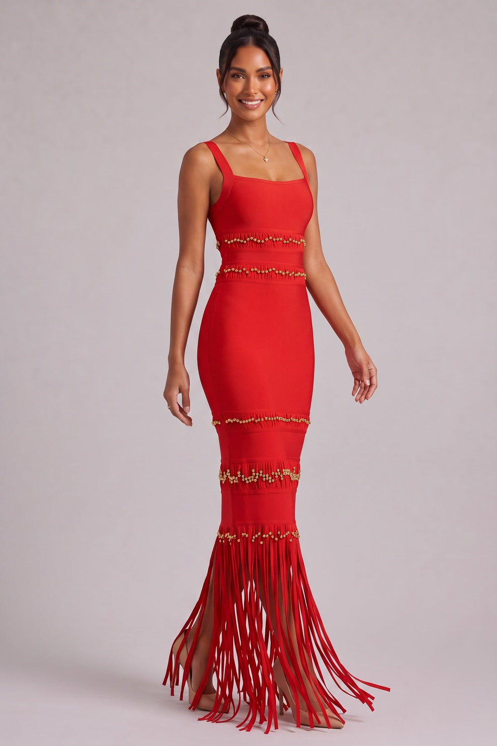 60b2947dd10fbd58 RED FRINGE MAXI DRESS GOLD BEAD DETAIL PARTY