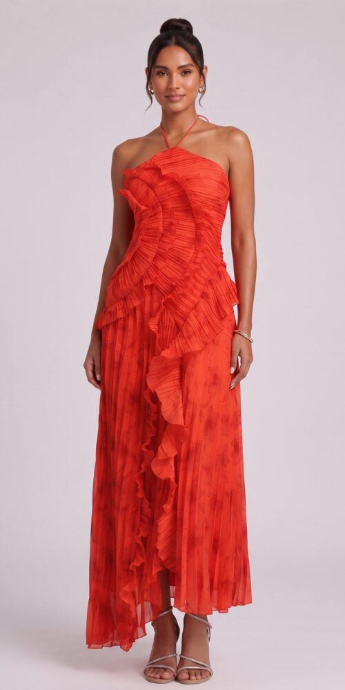 60d1fe5eb9afa406 RED CHIFFON A-LINE MAXI DRESS CASCADING RUFFLES