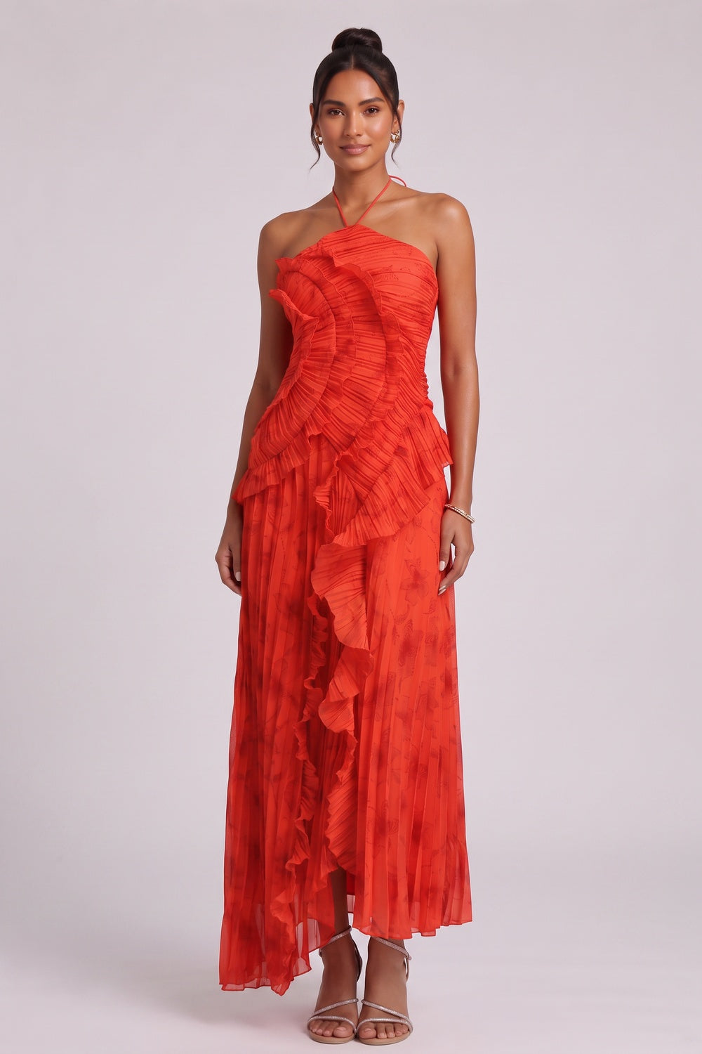 60d1fe5eb9afa406 RED CHIFFON A-LINE MAXI DRESS CASCADING RUFFLES