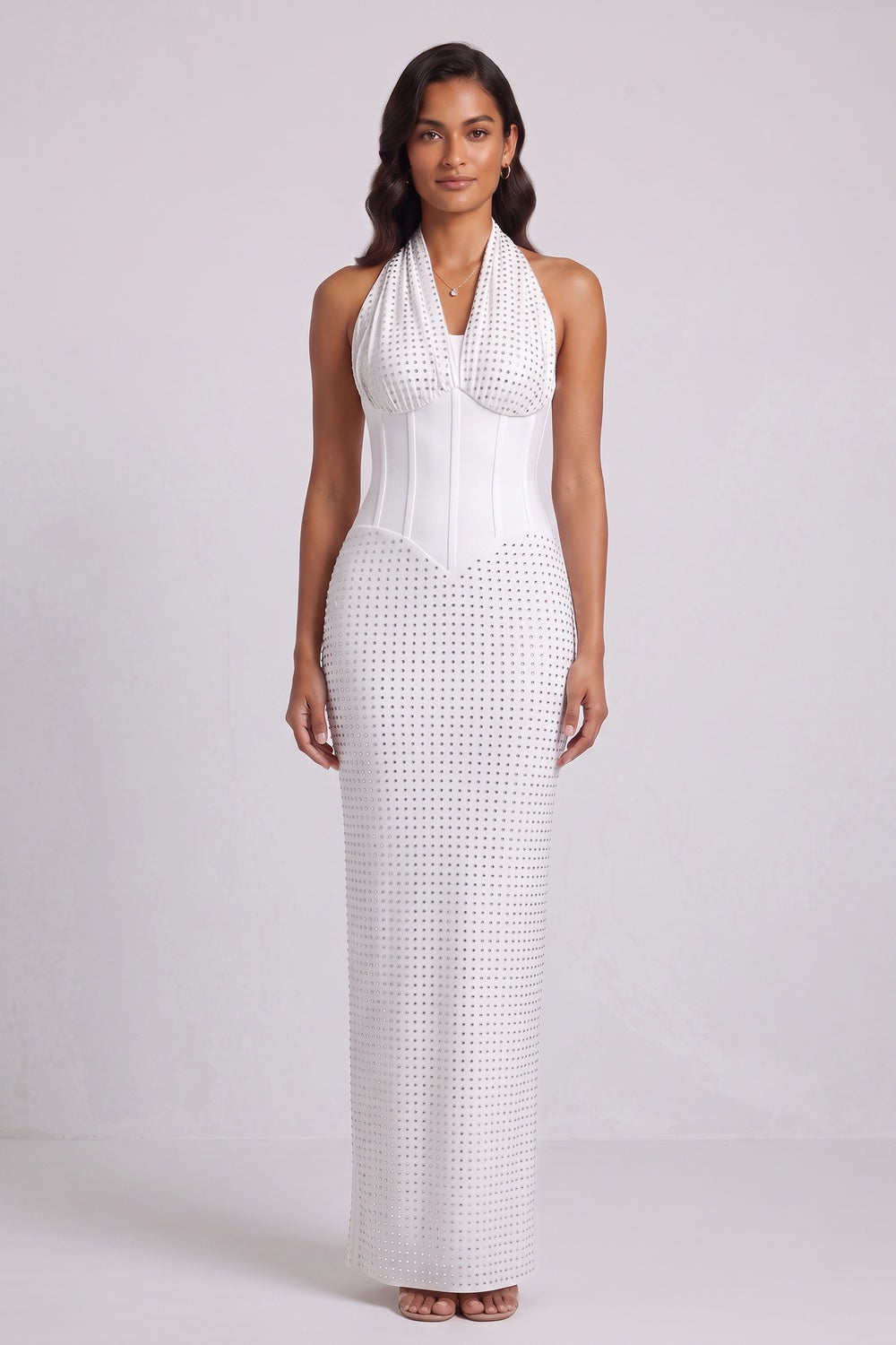60d9bfe69368927f WHITE STRUCTURED KNIT COLUMN GOWN