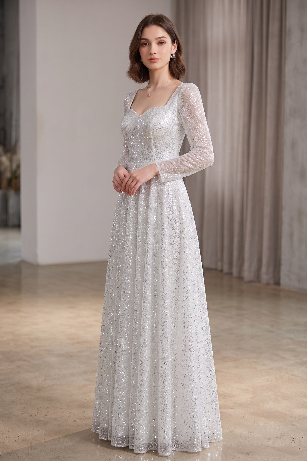 60f73d380ff9c8e6 SILVER SEQUIN TULLE A-LINE EVENING GOWN