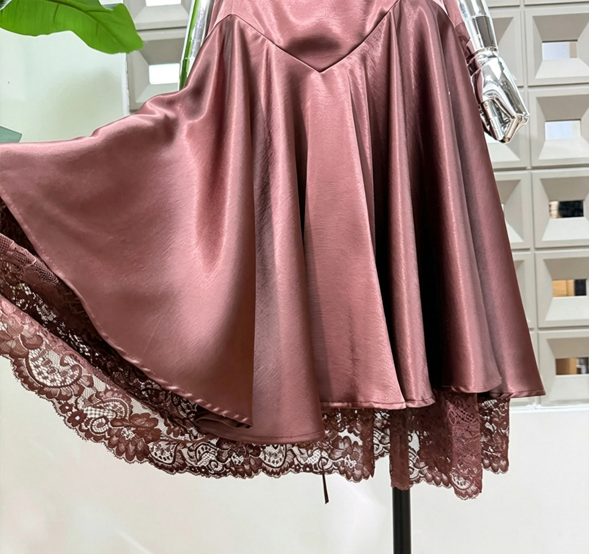 613ca2135406f9f3e61988c56b526b17_c792a4a1-b169-4190-b863-7ff61c9978c4 CHOCOLATE SATIN LACE HEM MIDI DRESS, SPAGHETTI STRAP