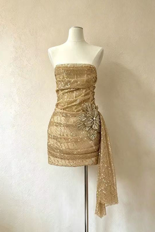 6154567ad757562435852f35e06f252f STRAPLESS SEQUIN 3D FLOWER BODYCON MINI DRESS