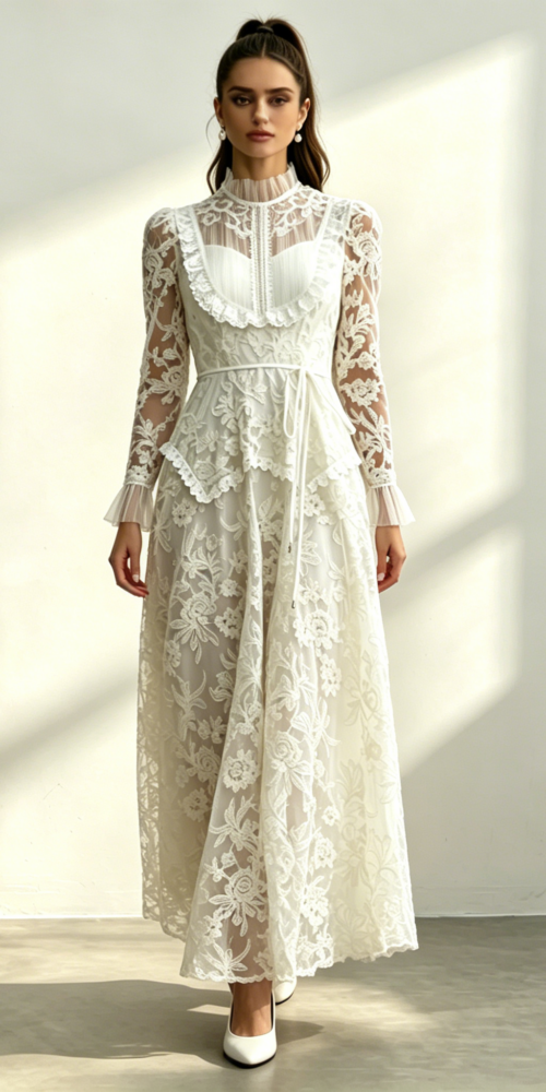 61_89100370-dc9d-4cd0-b457-49b67864578e CREAM LACE RUFFLE HIGH NECK BELTED MAXI DRESS