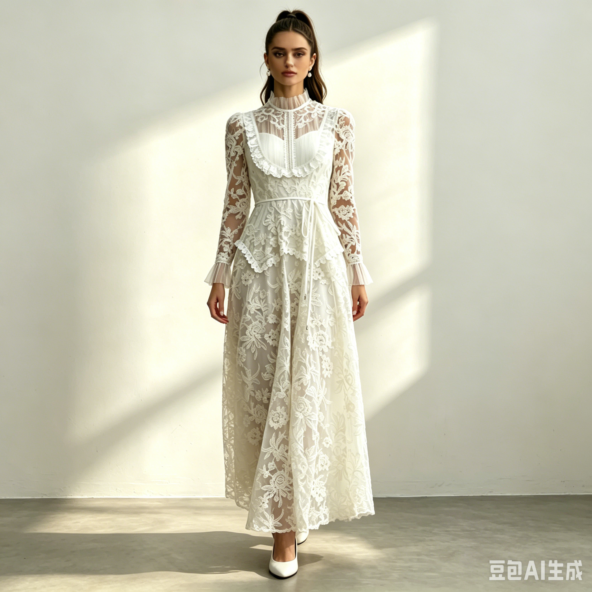 61_89100370-dc9d-4cd0-b457-49b67864578e CREAM LACE RUFFLE HIGH NECK BELTED MAXI DRESS