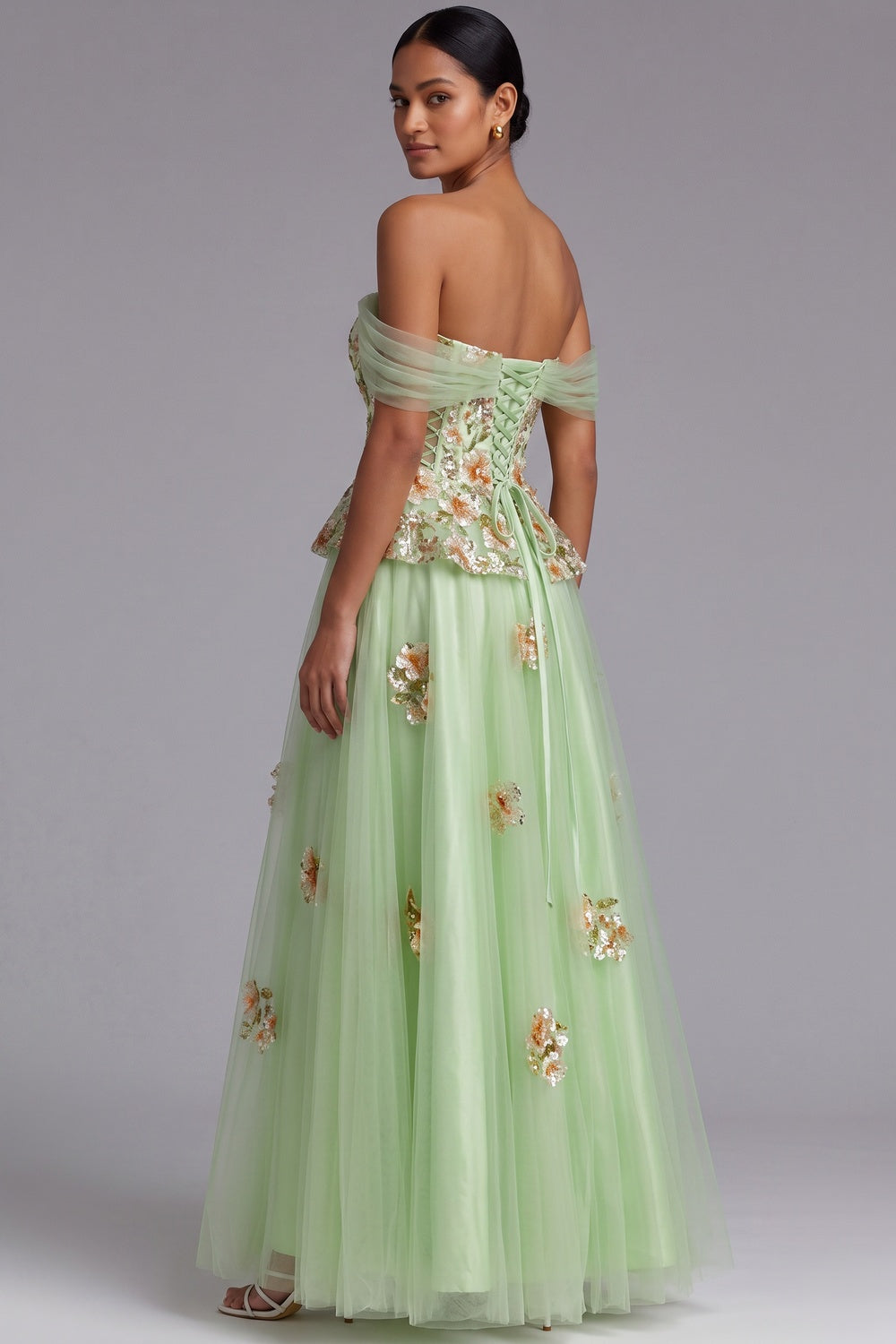 61afbc07519a369a LIGHT GREEN OFF-SHOULDER FLOOR-LENGTH FLORAL GOWN