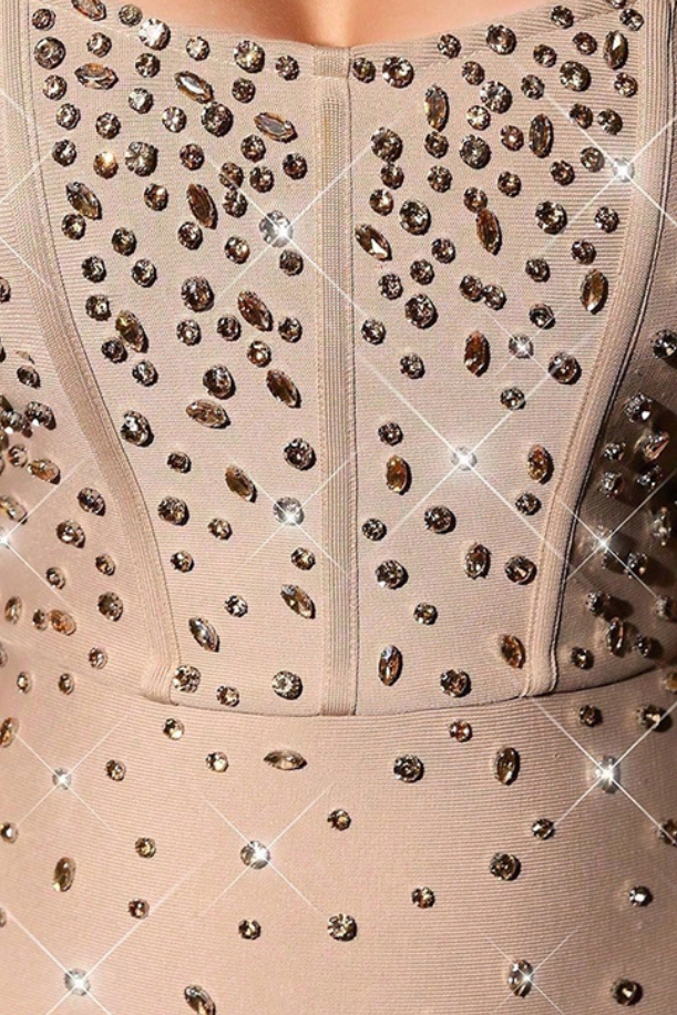 61b39839f44e07f62d7f5bcd70cf7027 BEIGE STRAPLESS STUDDED MAXI GOWN