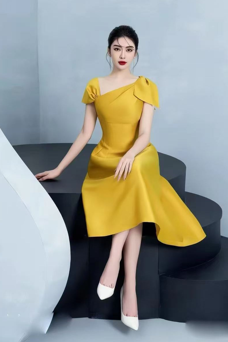 61ef63fe5dff3d8988d63e54b734b2c8 YELLOW ASYMMETRICAL BOW SATIN MIDI PARTY DRESS