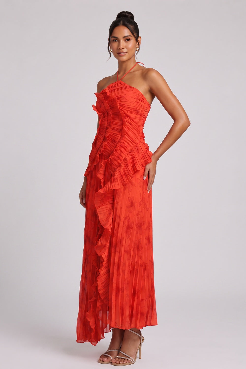 61f5c3b3e77cfdea RED CHIFFON A-LINE MAXI DRESS CASCADING RUFFLES