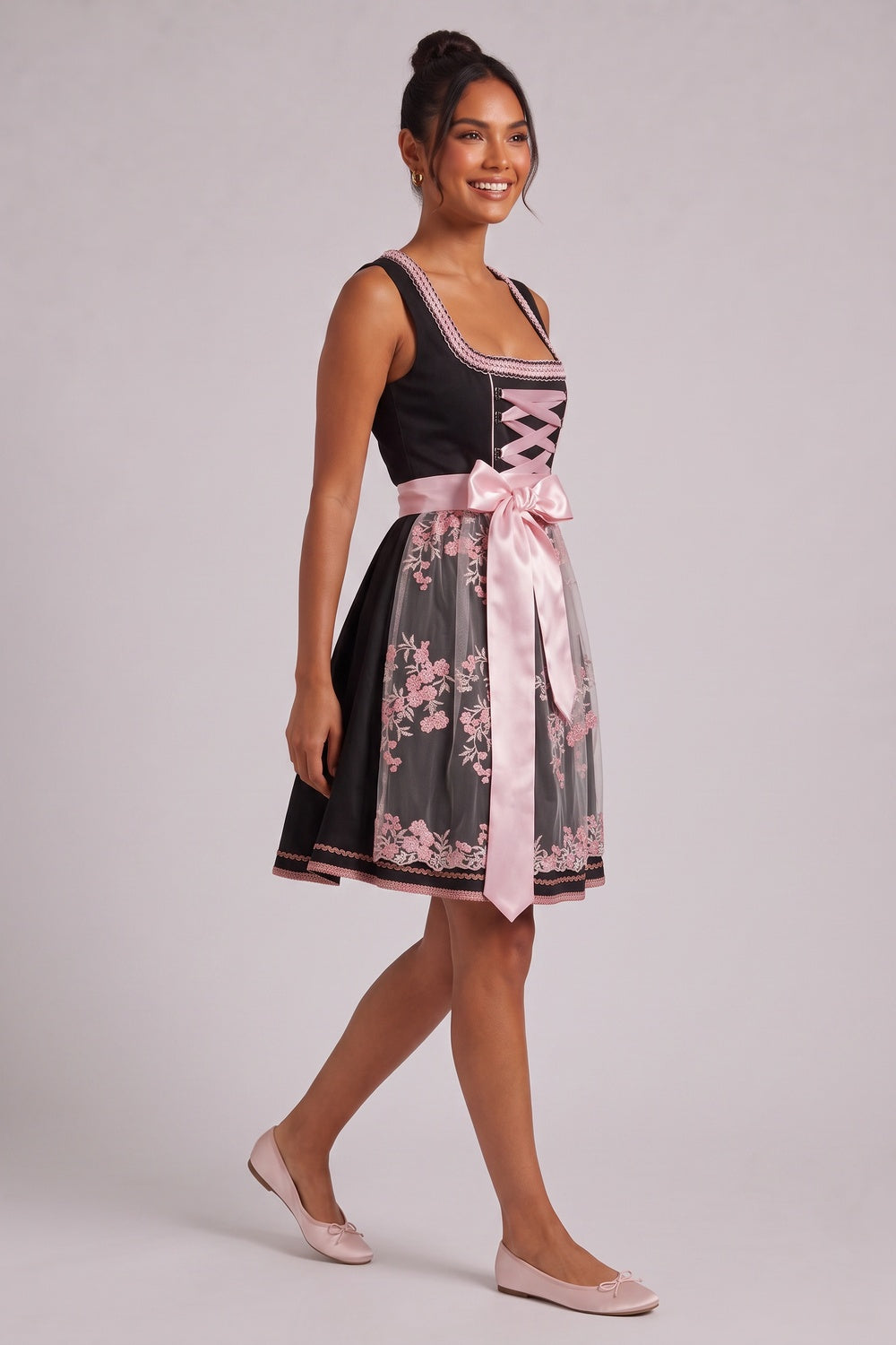 6252cfd86ad164f9 BLACK MATTE WOVEN FIT-AND-FLARE DIRNDL DRESS