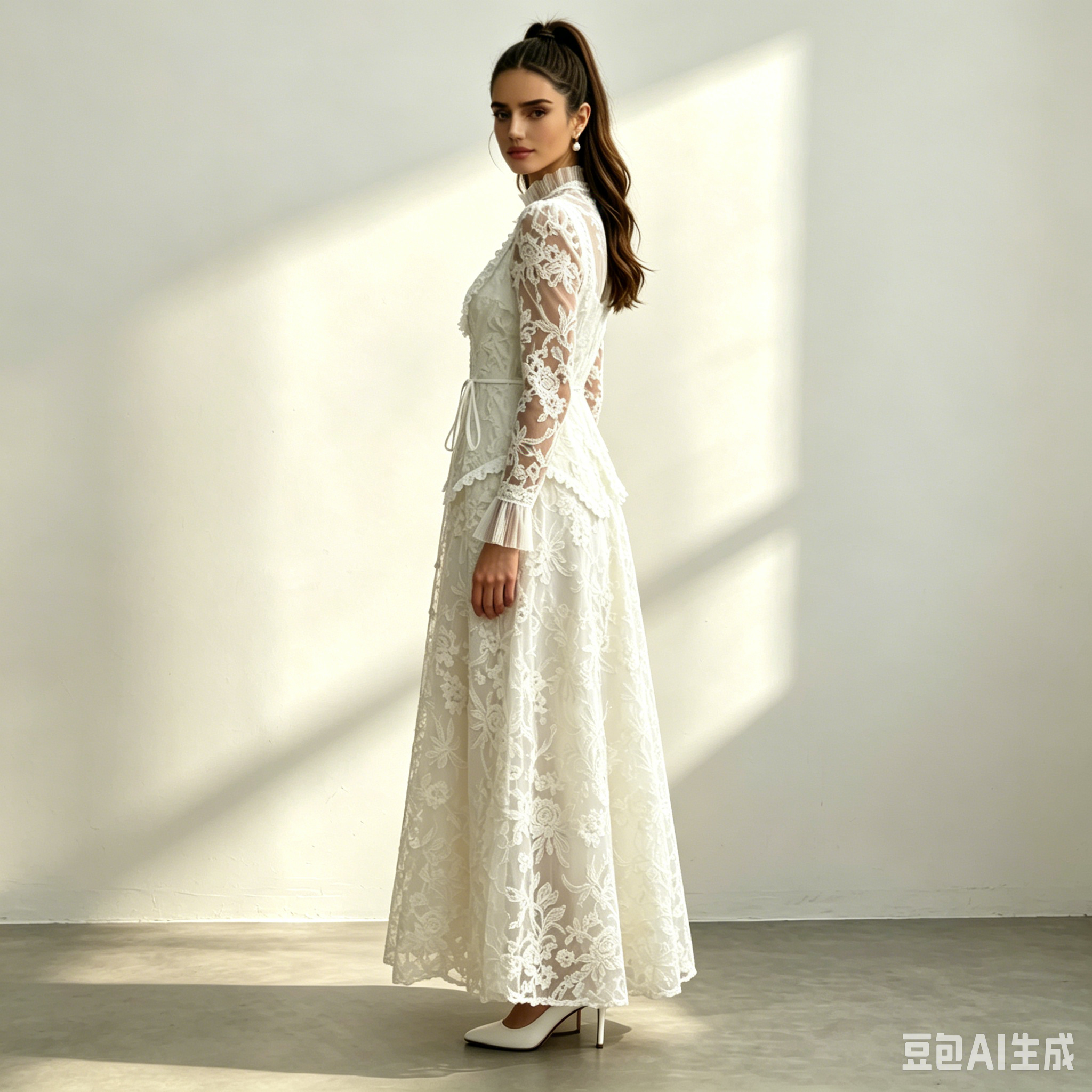 62_3373c209-fff5-4934-9f5d-5f9a542785b7 CREAM LACE RUFFLE HIGH NECK BELTED MAXI DRESS