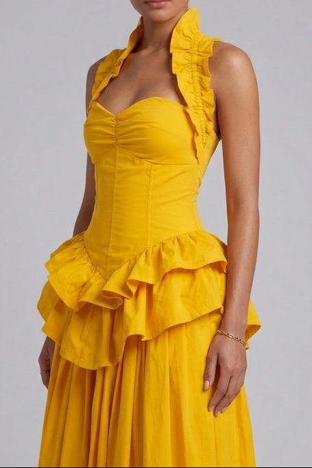 62ad5ccc-7ff0-40a1-b85d-a51028afc837 YELLOW RUFFLED PEPLUM MIDI DRESS FOR WEDDING GUEST