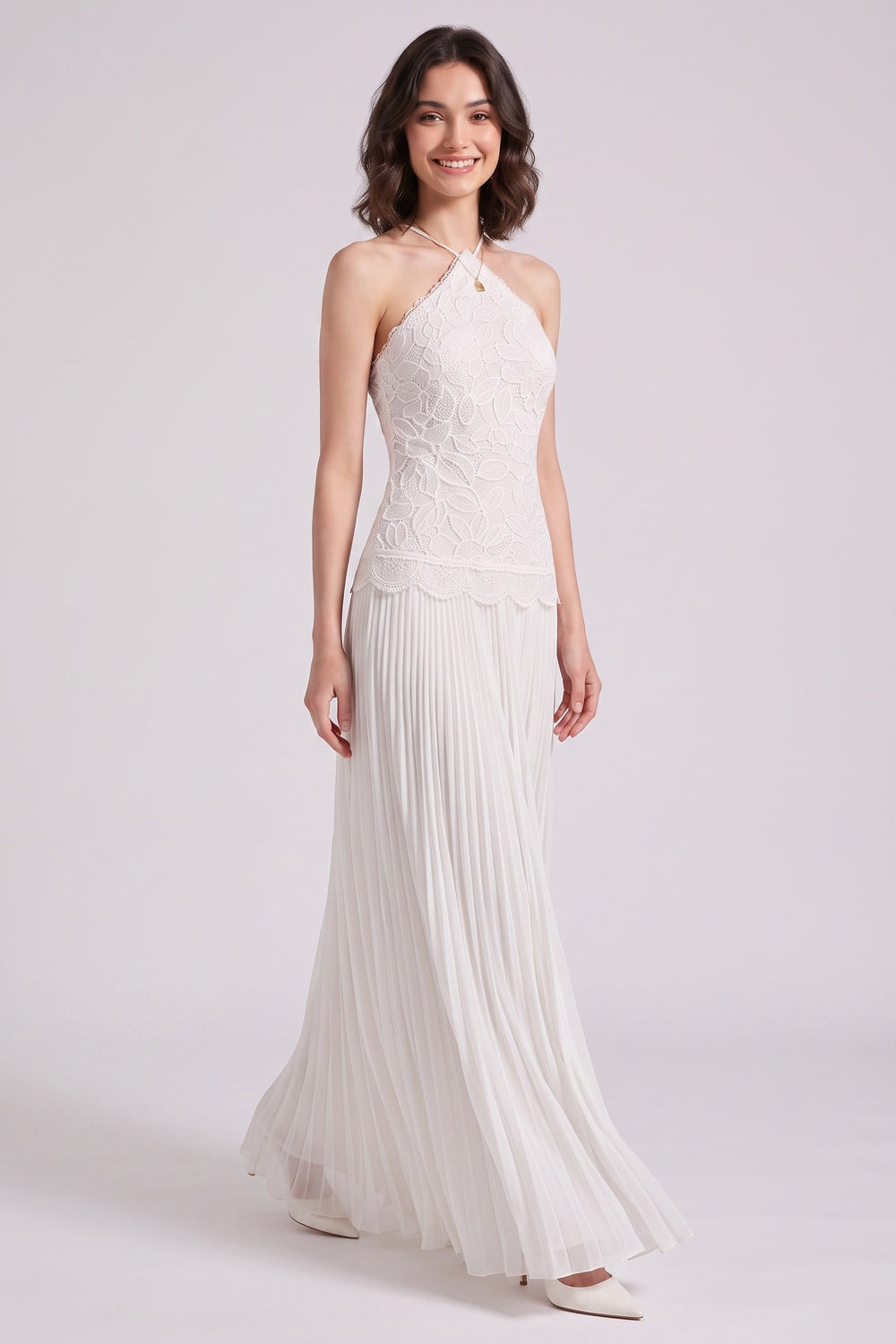 WHITE LACE A-LINE MAXI DRESS FOR WEDDING GUEST